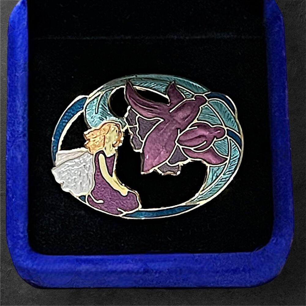 Vintage Cloisonné Fairy Nymph Pin Brooch Art Nouveau Signed Enamel Brass Purple